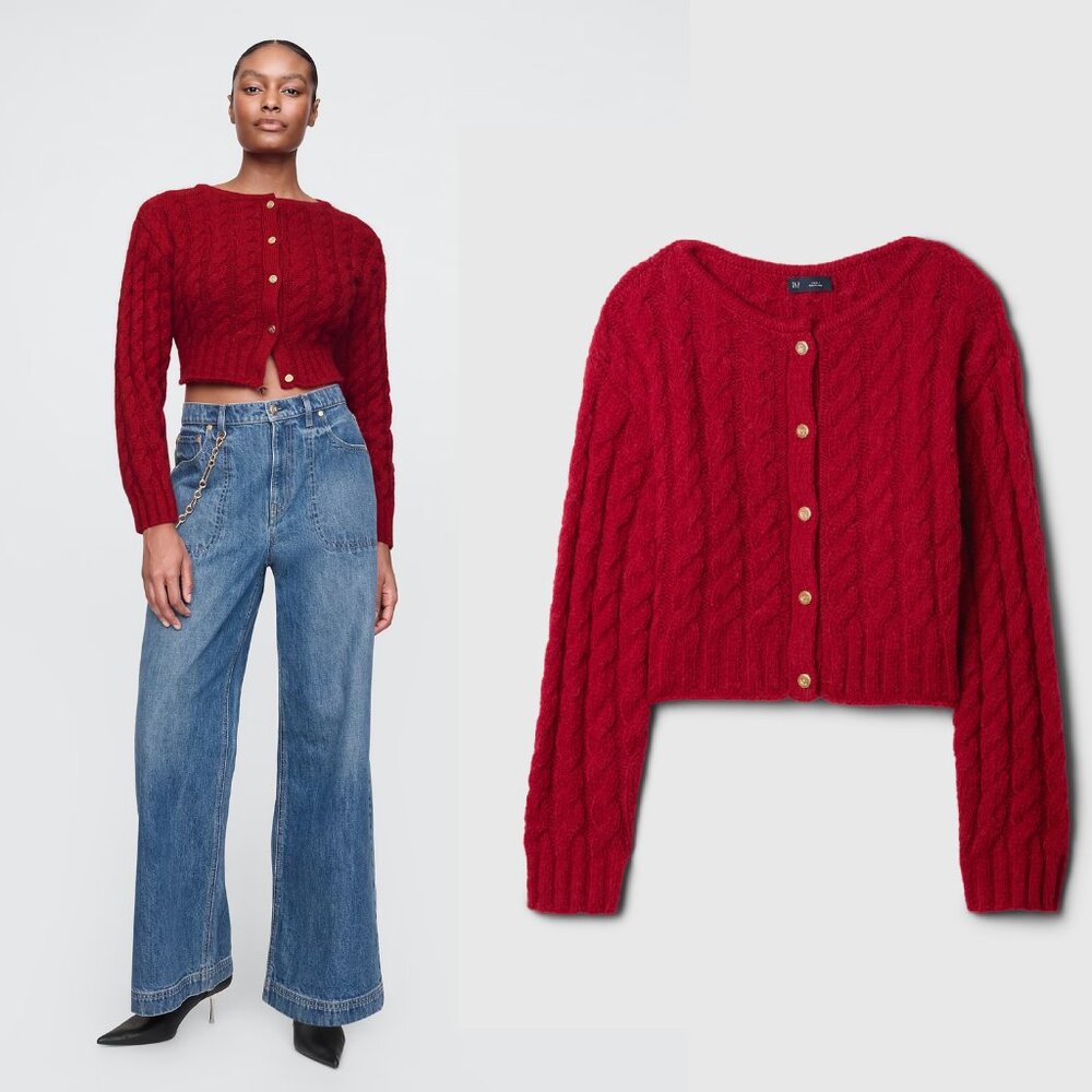 Gap x Cult Gaia Cropped Cable-Knit Cardigan Sweater in Red Medium NWT